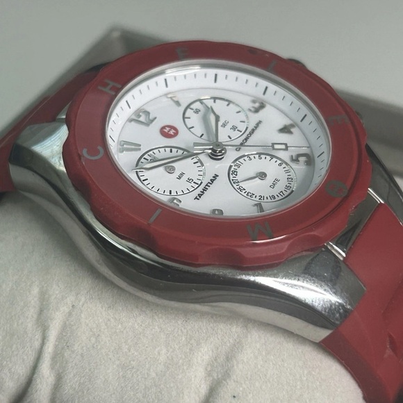 Michele Tahitian Jelly Bean Red & Silver Chrongraph Watch - Perfect Condition - Picture 5 of 11